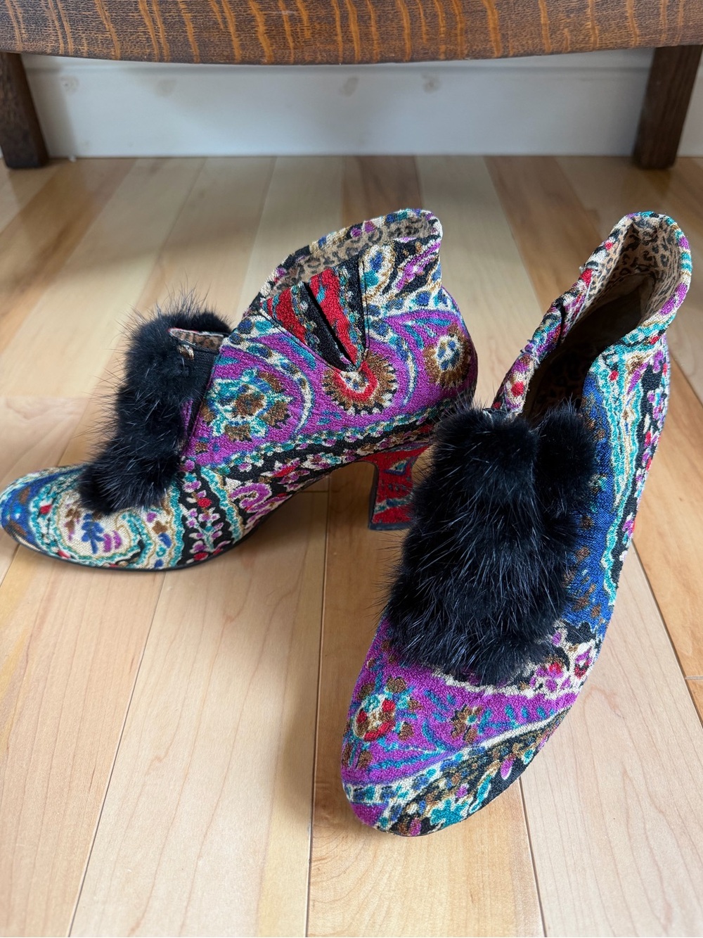 Baci Baroque Revival Tapestry Booties Black Fur Trim Vintage Inspired Shoes, 8 - Picture 4 of 14